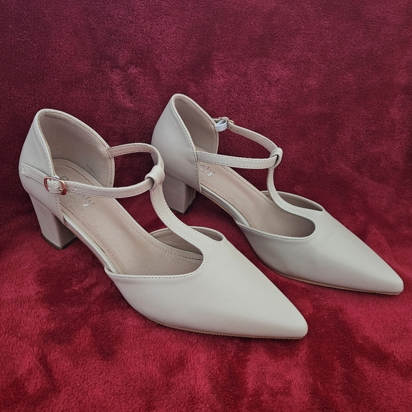 Peijely Women's Cream T-Strap Mary Janes Heels-Size 10 - Picture 2 of 8